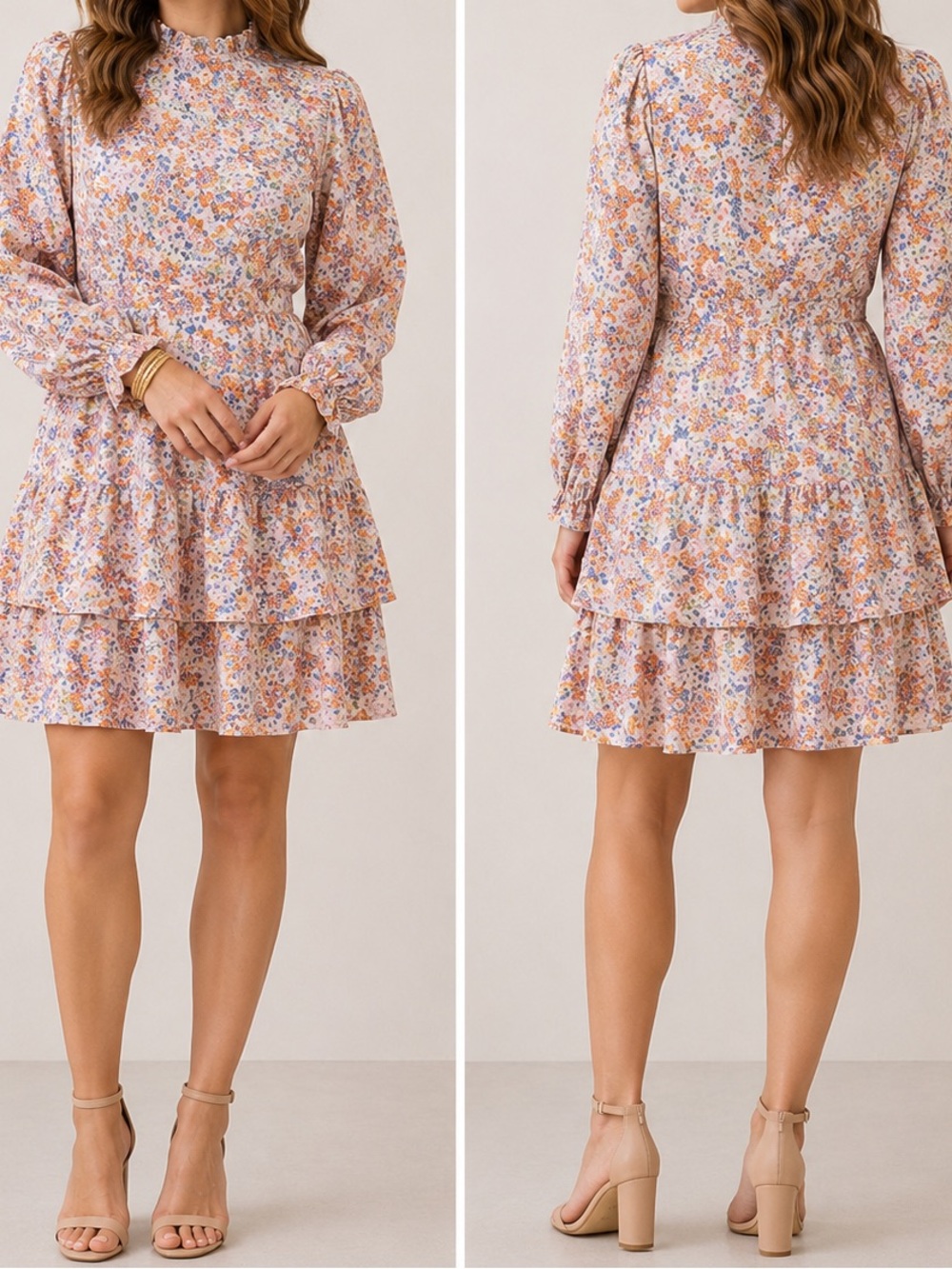 Karlie Floral Orange Multicolor Ruffle Tier Long Sleeve Cottagecore Mini Dress